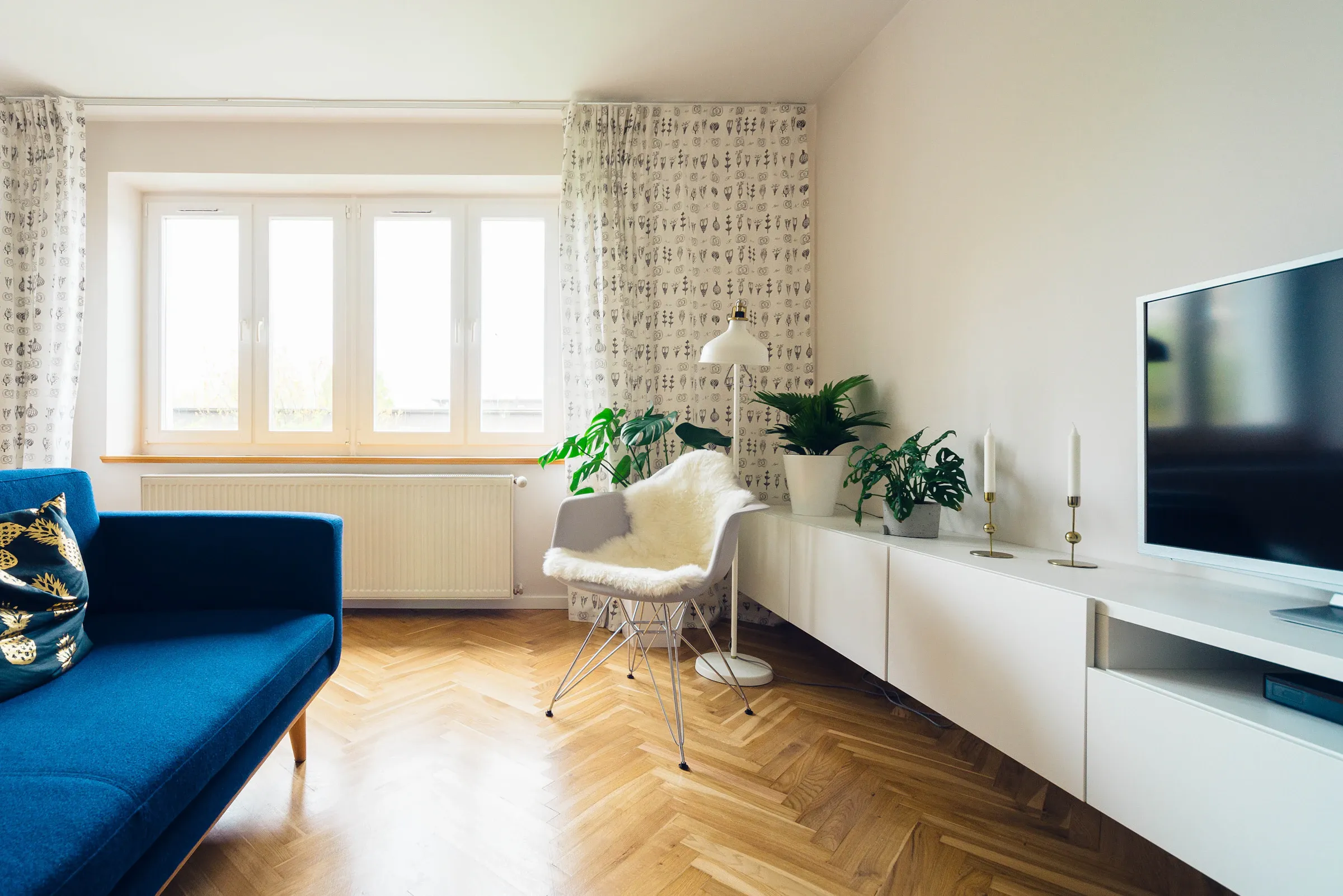 Séjour clair au parquet en chevrons, canapé bleu et plantes vertes